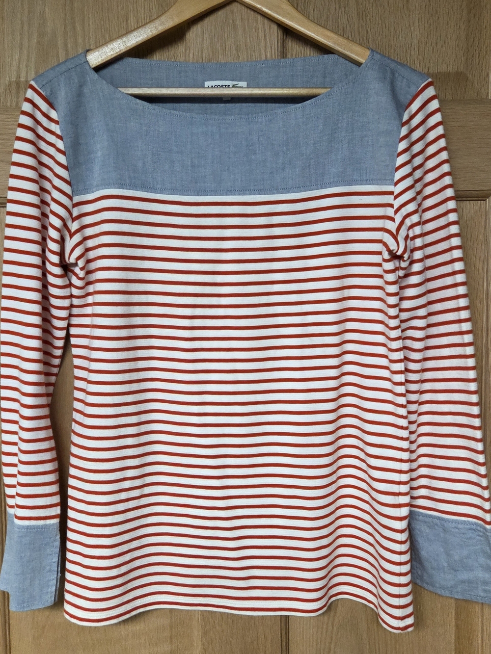 Lacoste Women’s Striped Long Sleeve Top Size 40 Blue Red White Chambray Yoke